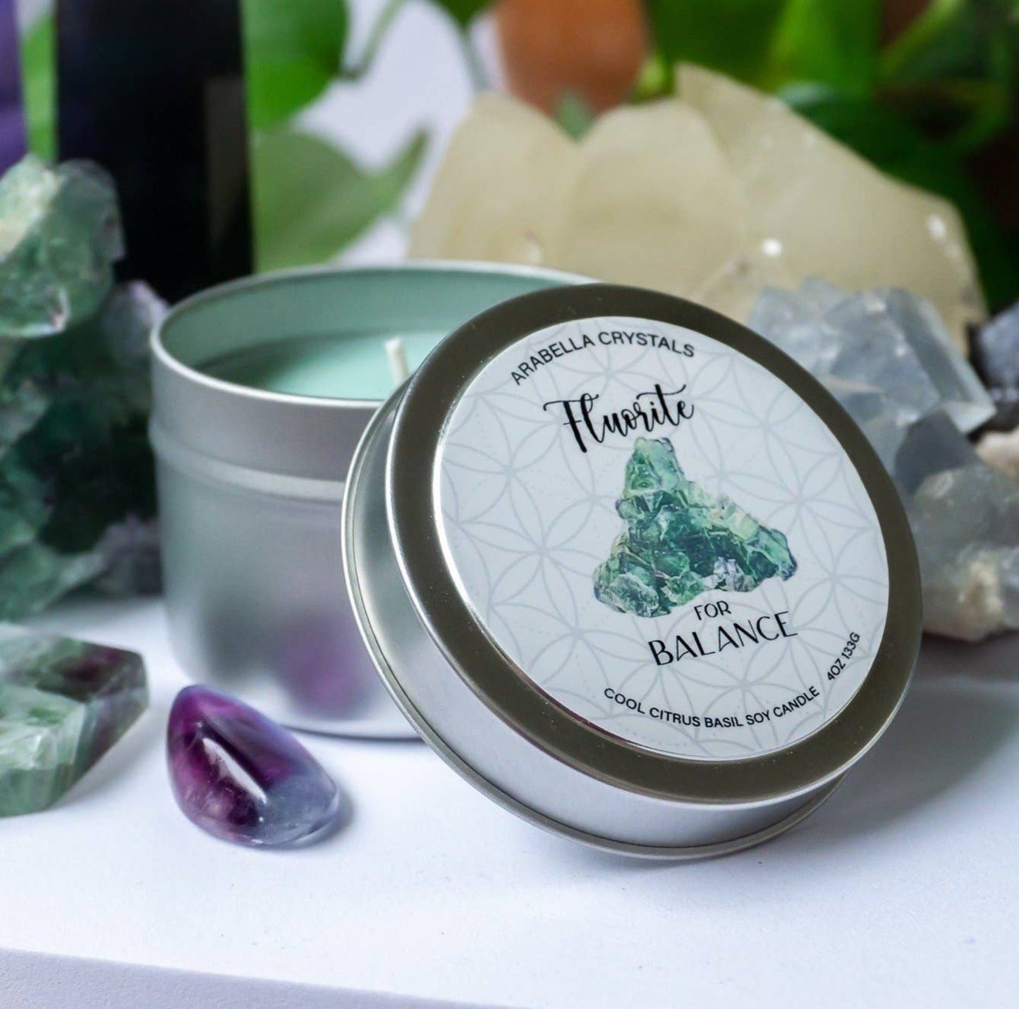Fluorite Crystal Candle Tin (Travel Candle